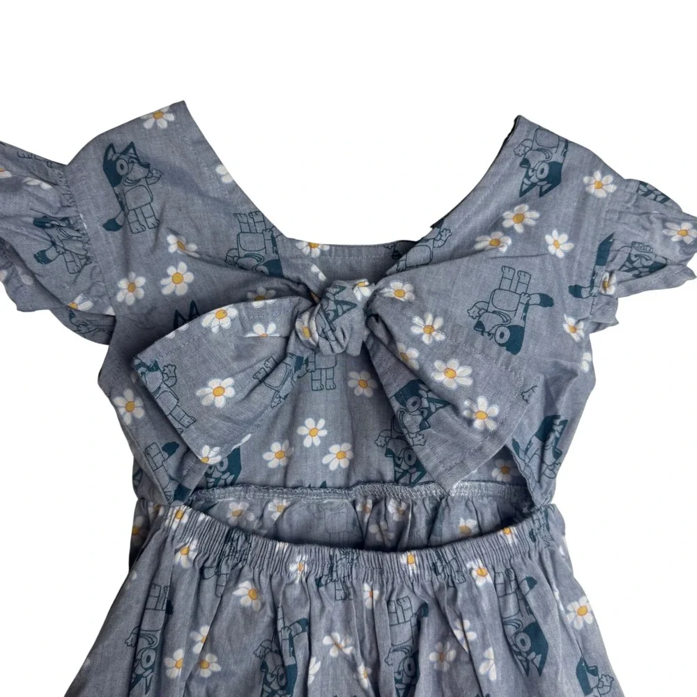 Bluey Girls 3T Blue Daisy Print Chambray Flutter Sleeve Dress Bow‎ Back